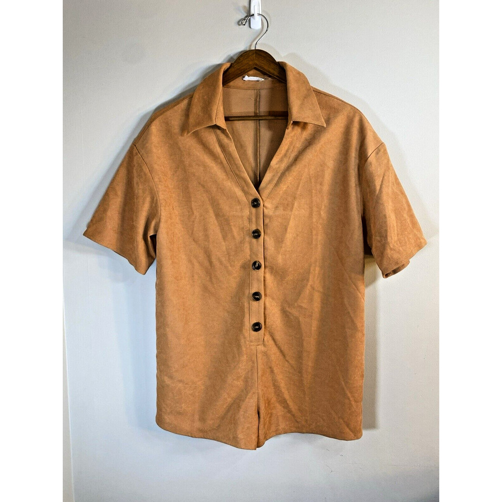 Vestique Romper Brown Corduroy Short Sleeve Button Up Short Jumpsuit